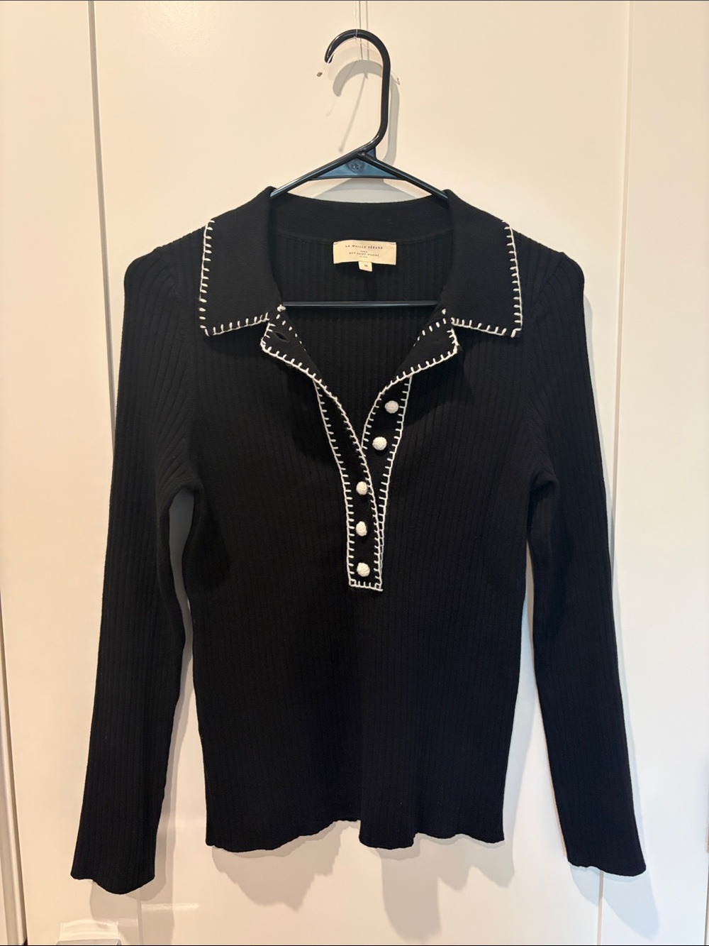 Sezane Black Long-Sleeve Polo Top with White Contrast Trim